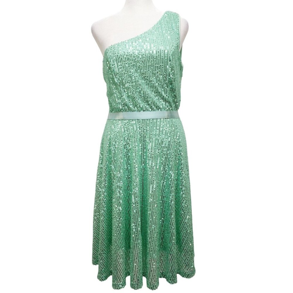 One-Shoulder Light Green Sequined Dress With Ribbon Waist Flowing Skirt Size M